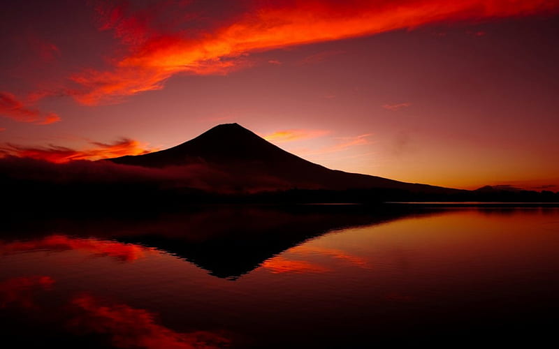 Mt. Fuji, japanese, sunset, sky, lake, mountain, japan, nature, fujiyama, fuji, HD wallpaper