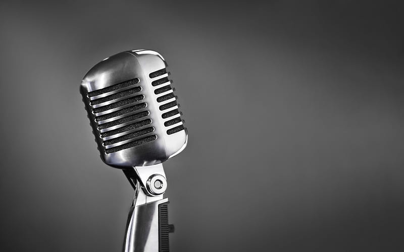 old retro microphone, metal microphone, singing concepts, microphone on gray background, HD wallpaper