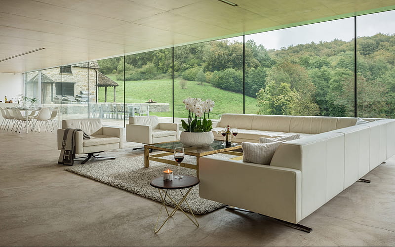 stylish interior, living room, country house, beige concrete floor, loft style, large glass windows, modern interior design, HD wallpaper