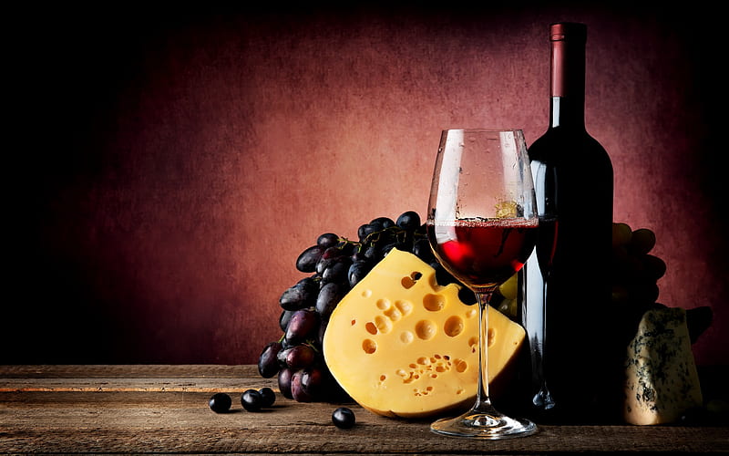 glass of wine, red wine, grapes, French cheese, bottle of wine, HD wallpaper