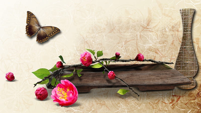 From the Orient, butterfly, flowers, orient, tray, vase, firefox persona, wood, HD wallpaper