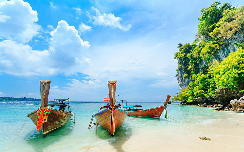 tropical islands, Thailand, Phuket, boats, beach, ocean, summer travel, rainforest, HD wallpaper