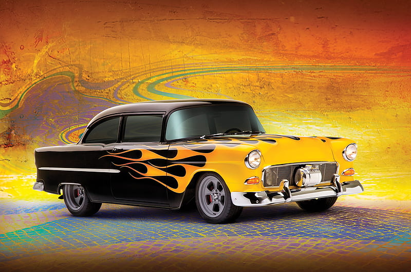 1955-Chevy-Street-Rodder, Classic, Black, GM, Flames, HD wallpaper