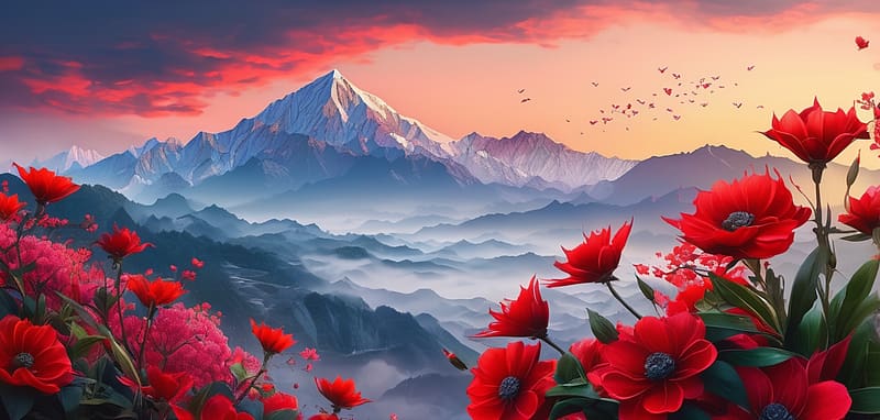 Colorful vibrant red flowers in the foreground and misty distant mountains, szines egbolt, kodos tavoli hegyek, elenk piros viragok, termeszet, novenyzet, HD wallpaper