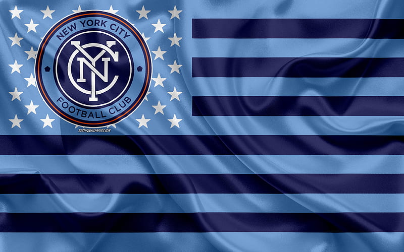 New York City FC, American soccer club, American flag, blue flag, MLS, New York, USA, logo, emblem, Major League Soccer, silk flag, soccer, football, HD wallpaper
