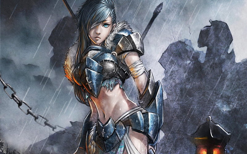 Chained Warrior, warrior, rain, future, girl, HD wallpaper