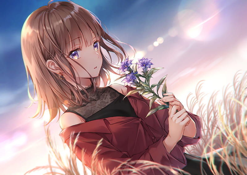 Anime, Original, Brown Hair, Flower, Girl, Purple Eyes, HD wallpaper