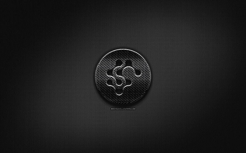 Synereo AMP black logo, cryptocurrency, grid metal background, Synereo AMP, artwork, creative, cryptocurrency signs, Synereo AMP logo, HD wallpaper