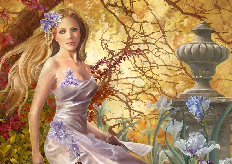 Fantasy Girl, trees, woman, sculpture, art, flowers, branches, HD wallpaper