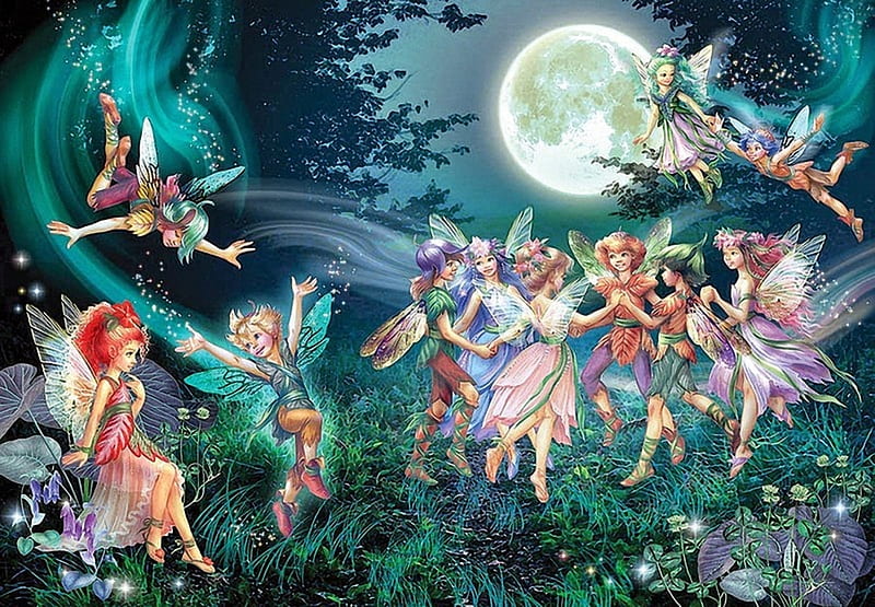 Dance in the Moonlight, forest, fairies, dance, moon, grass, HD wallpaper