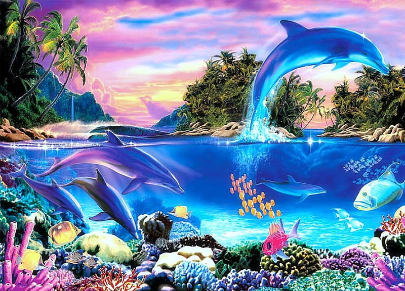 ★Dolphin Panorama★, sea life, colorful, oceans, scenic, panoramic view, attractions in dreams, most ed, seasons, paintings, dolphins, scenery, animals, turtles, underwater, fishes, colors, love four seasons, creative pre-made, paradise, summer, nature, HD wallpaper