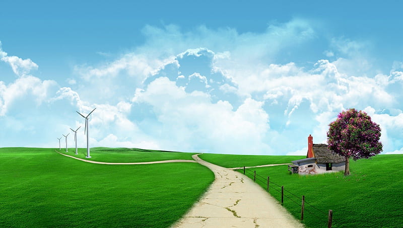 Greenfields, sky, green, street, field, HD wallpaper