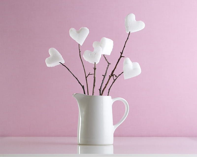 Hearts In February , CERAMIC JUG, HEARTS, BOUQUET, ENTERTAINMENT, GARLAND, STYLE, styrofoam, love, siempre, pale pink, HOME, branches, WHITE, HD wallpaper