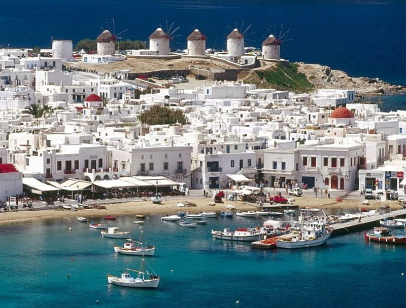 Mykonos, greece, greek windmills, sea, graphy, boats , vacation, holiday, houses, colors, wall, summer, island, white, HD wallpaper
