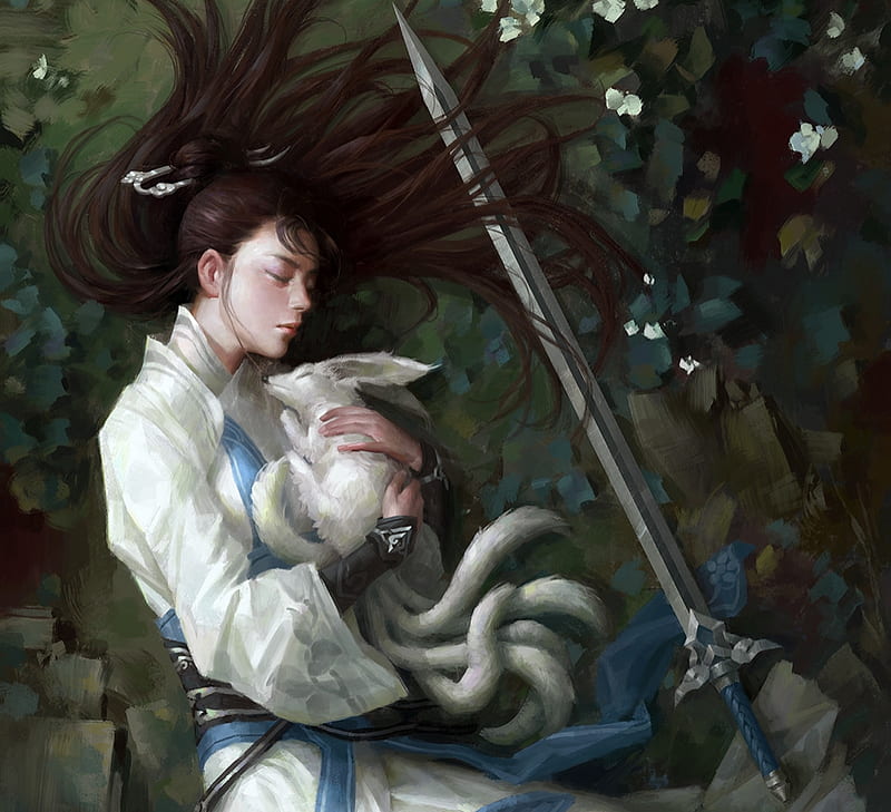 Dream, white, kimono, sword, art, sleep, nine tails, luminos, man, fantasy, fox, buchuo liu, ahri, HD wallpaper