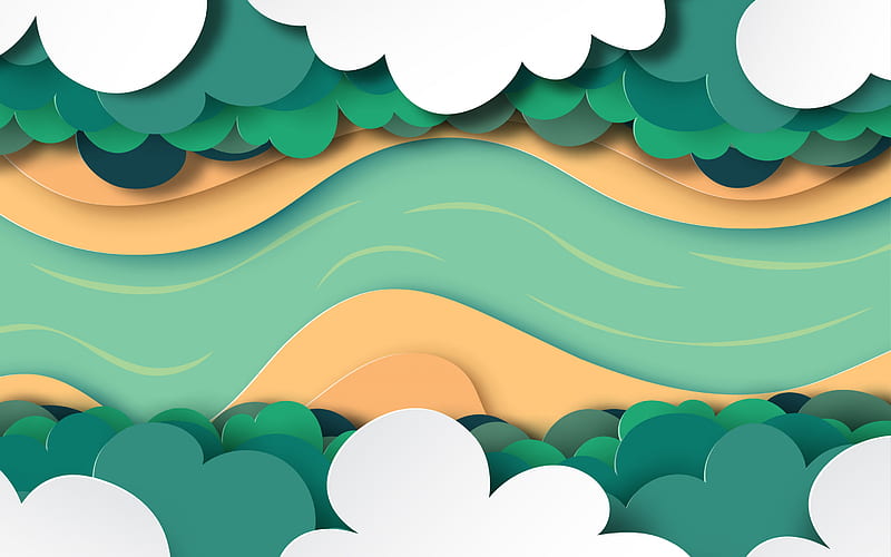 paper creative landscape, paper white clouds, paper forest, top view, abstract paper background, HD wallpaper