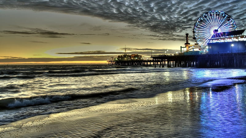 marvelous santa monica pier at dusk r, beach, amusement park, pier, dusk, r, waves, sea, HD wallpaper