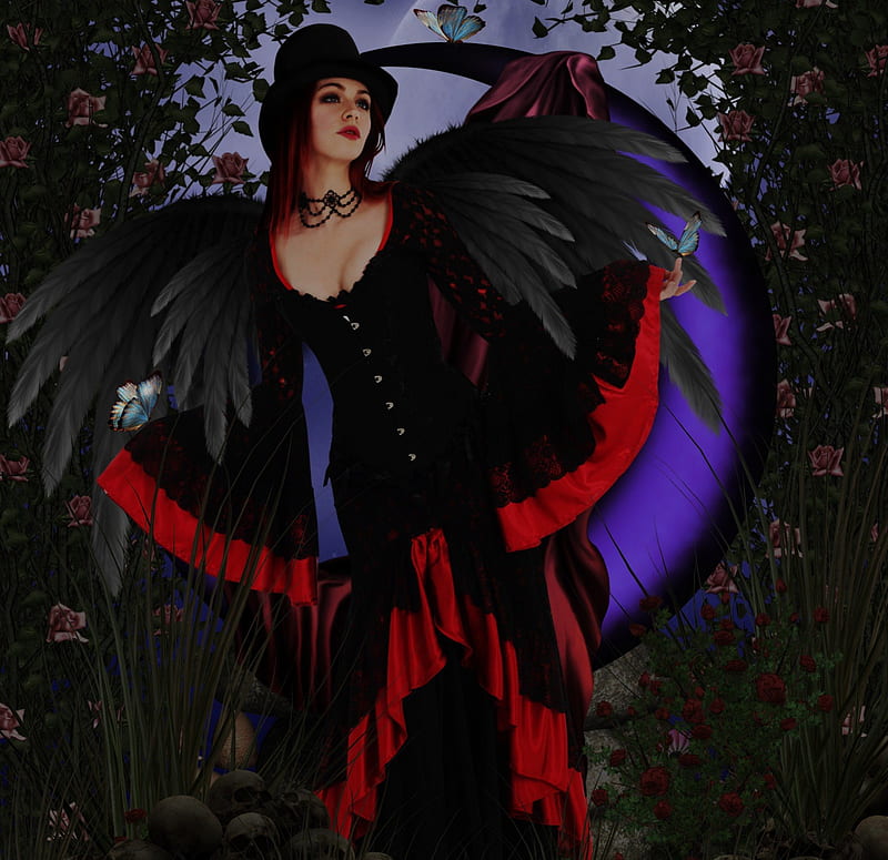 ✼W I C A N✼, rocks, pretty, grass, sweet, wican, fantasy, butterfly, bright, flowers, face, wings, raven, lovely, lips, trees, cat, tree stump, cute, skulls, cool, eyes, colorful, dress, premade BG, charm, bonito, digital art, hair, leaves, creeping roses, girls, animals, crescent tutotrial, female, model, colors, butterflies, roses, mixed media, dark, plants, HD wallpaper