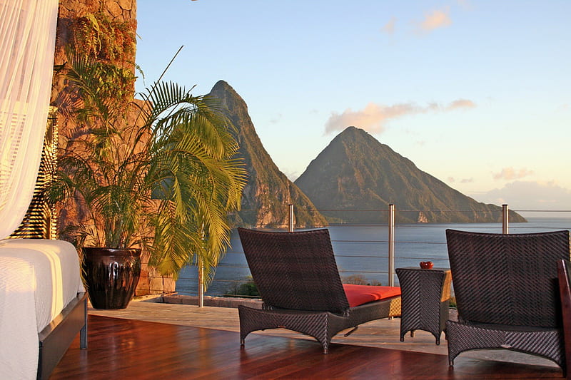 Beautiful View - St Lucia Paradise Island Caribbean West Indies, zen, bonito, sunset, twilight, st lucia, sea, loungers, chairs, evening, exotic, islands, view, ocean, relax, peace, vista, caribbean, paradise, west indies, mountains, island, tropical, HD wallpaper