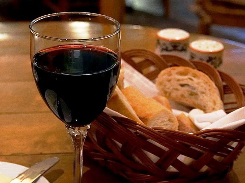 Red Wine & Bread, red, food, wine, basket, bread, HD wallpaper