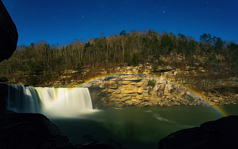 The Moonbow of Cumberland Falls, Kentucky, river, trees, landscape, usa, waterfall, sky, HD wallpaper