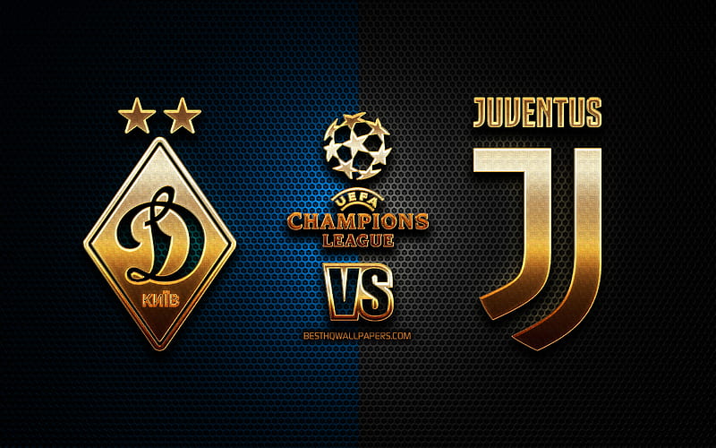 Dynamo Kyiv vs Juventus, season 2020-2021, Group G, UEFA Champions League, metal grid backgrounds, golden glitter logo, FC Dynamo Kyiv, Juventus FC, UEFA, HD wallpaper