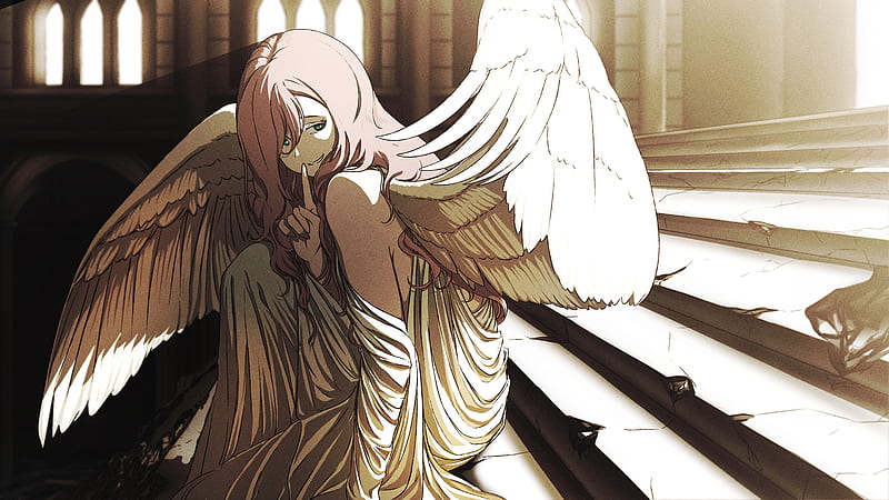 angel anime girl, wings, shhh, playful smile, green eyes, Anime, HD wallpaper