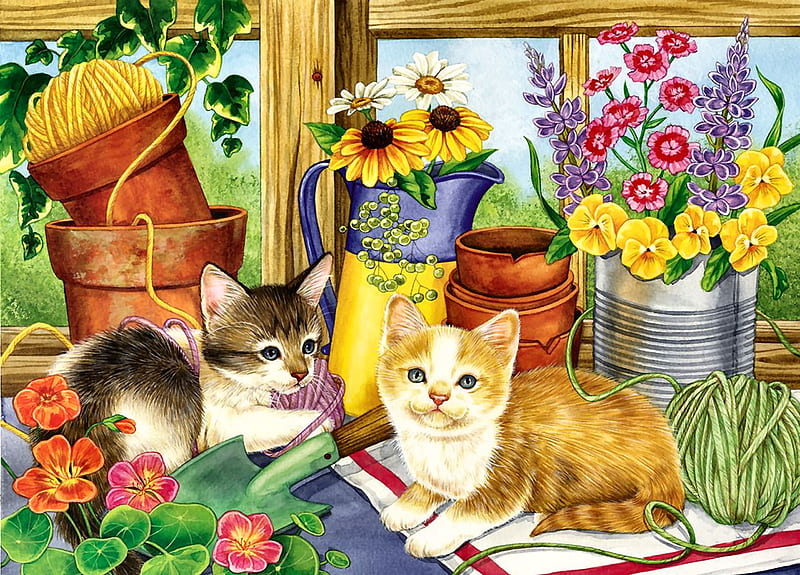 The Twine Twins - Cats F, art, bonito, pets, artwork, animal, feline, buckets, painting, wide screen, flowers, cats, HD wallpaper