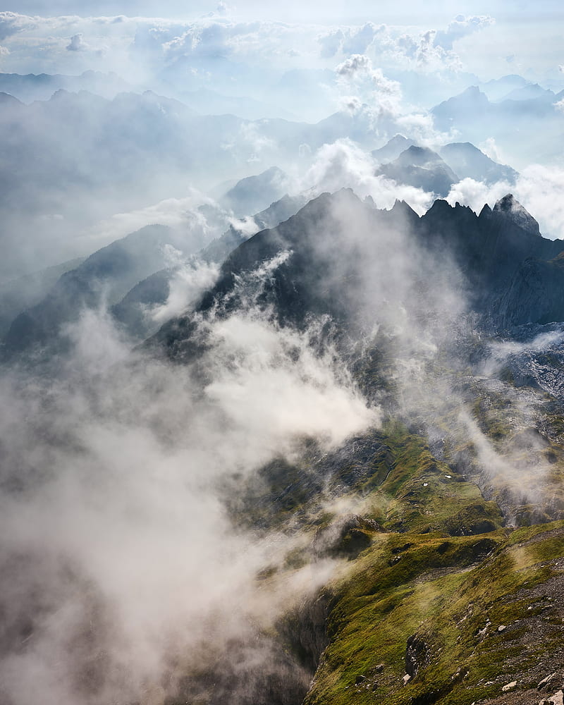 mountains, rocks, clouds, fog, grass, HD phone wallpaper