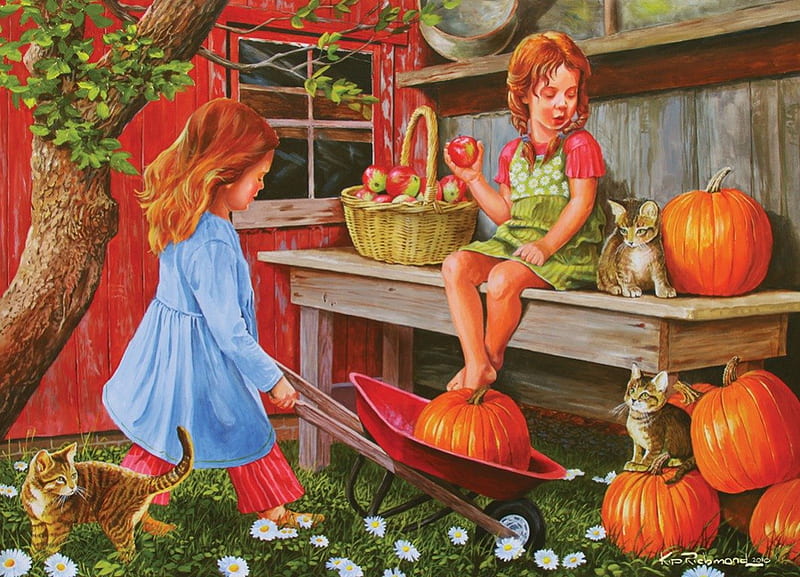 Pumpkin girls, art, house, holiday, halloween, fun, joy, yard, happy, pumpkin, painting, garden, girls, friends, HD wallpaper