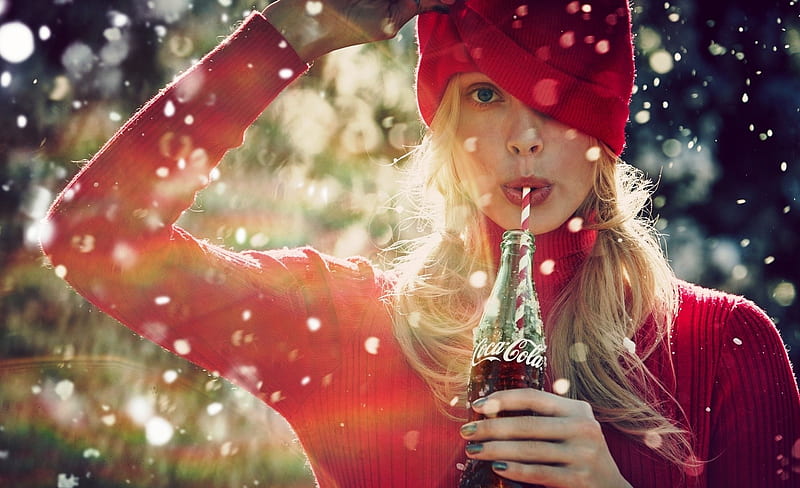 Beauty, red, model, bottle, blonde, woman, winter, hat, add, girl, snow, hand, coca cola, commercial, HD wallpaper