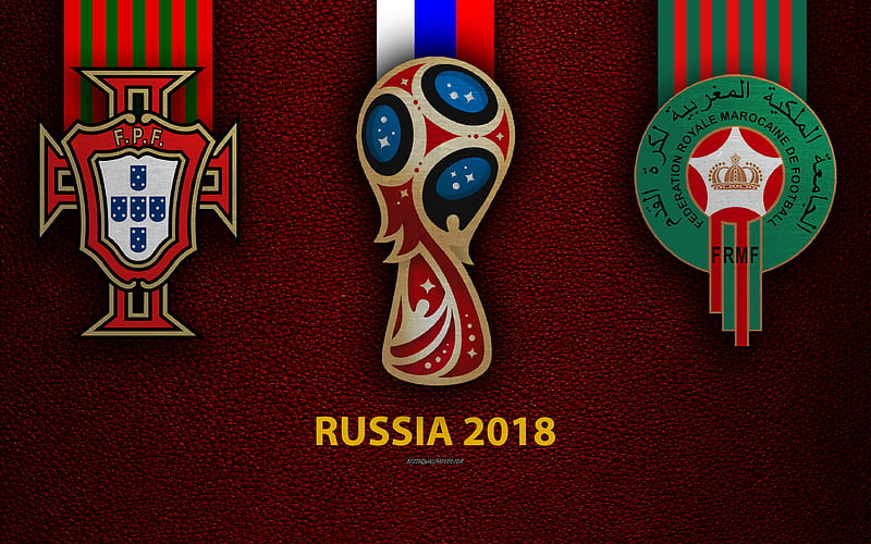 Portugal vs Morocco Group B, football, logos, 2018 FIFA World Cup, Russia 2018, burgundy leather texture, Russia 2018 logo, cup, Portugal, Morocco, national teams, football match, HD wallpaper