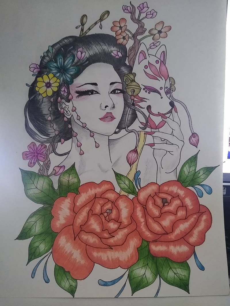 Geisha, color, dibujos, HD phone wallpaper | Peakpx