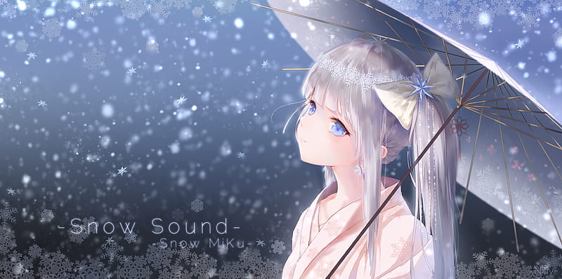 hatsune miku, vocaloid, snowflakes, vocaloid, umbrella, kimono, Anime, HD wallpaper