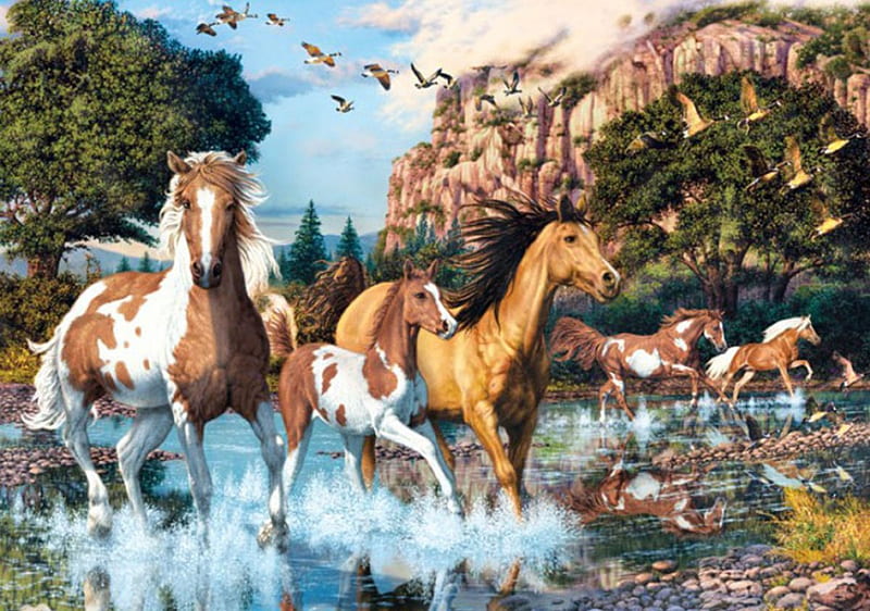Running , mountain, group, lake, horses, HD wallpaper