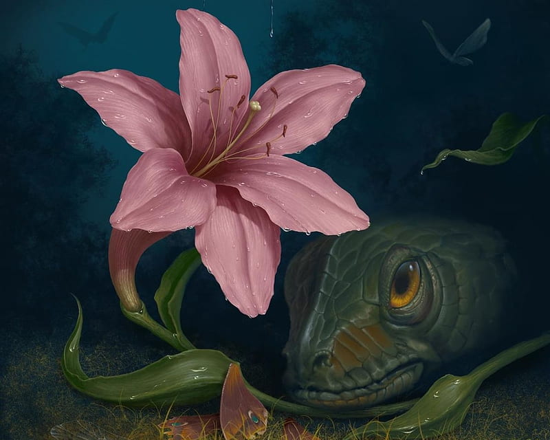 Beauty and the Beast, grass, leaves, fantasy, nostrils, flower, scales, eyes, pink, reptile, HD wallpaper