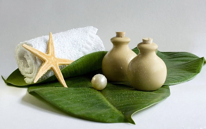LITTLE GREEN SPA, health, ocean, pamper pack, me-time, oils, sea, leaves, starfishes, bathrooms, treatments, pearls, bottles, relaxation, jars, HD wallpaper