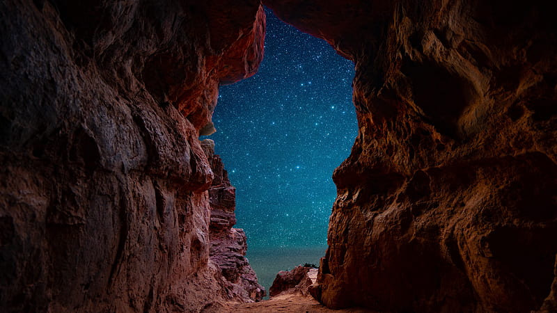 cave, starry sky, stars, rocks, desert, HD wallpaper