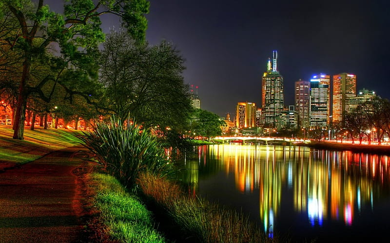 Night Lights, city, grassy banks, buildings, australia, river, nightlights, HD wallpaper