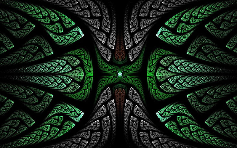 fractals, green and black, 3d art, floral pattern, creative, fractal art, HD wallpaper
