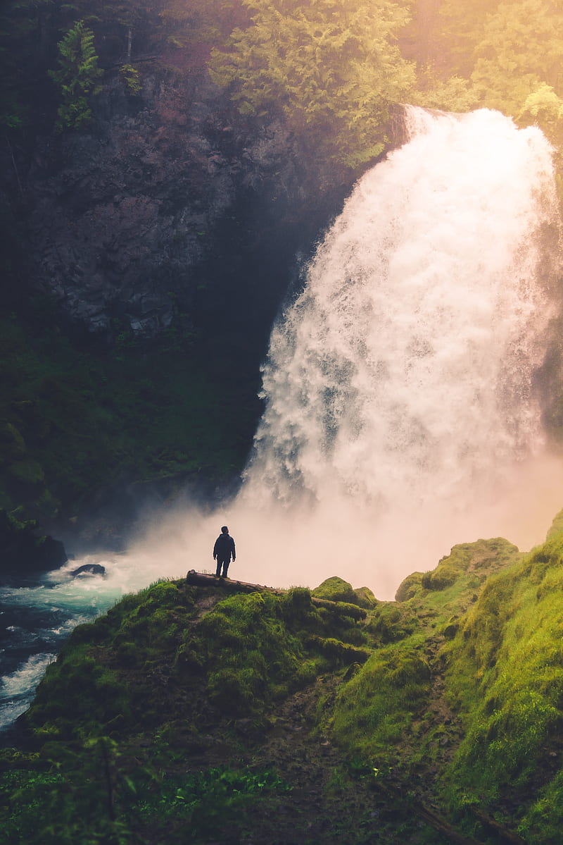 loneliness, alone, waterfall, rocks, moss, HD phone wallpaper