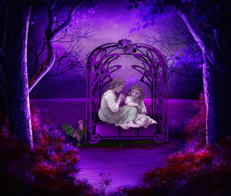 ✰Memory of Childhood in Purple✰, pretty, colorful, scenic, chicken, bonito, digital art, hen, leaves, fantasy, splendor, grasses, manipulation, friendship, love, bright, girls, surreal, animals, lovely, colors, trees, memories, cute, cool, purple, plants, nature, childhood, HD wallpaper
