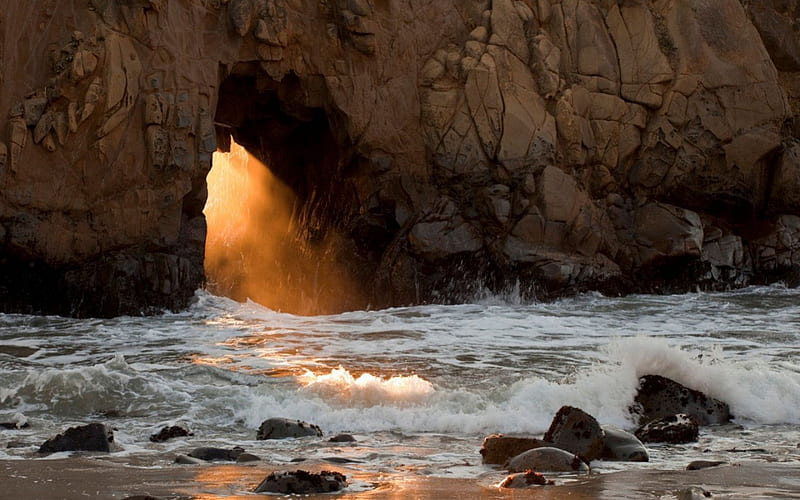 Natural Arch, California, rock, california, ocean, beach, sand, water, day, nature, cliff, mountaiin, light, HD wallpaper