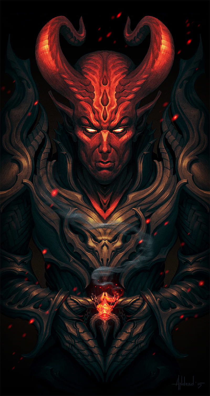 Andrey Maximov, demon, Devil, armor, dark, sparks, drawing, HD phone wallpaper