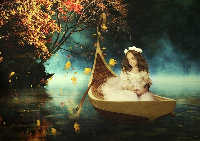 little princess, frog, little, boat, ship, magic, princess, lake, HD wallpaper
