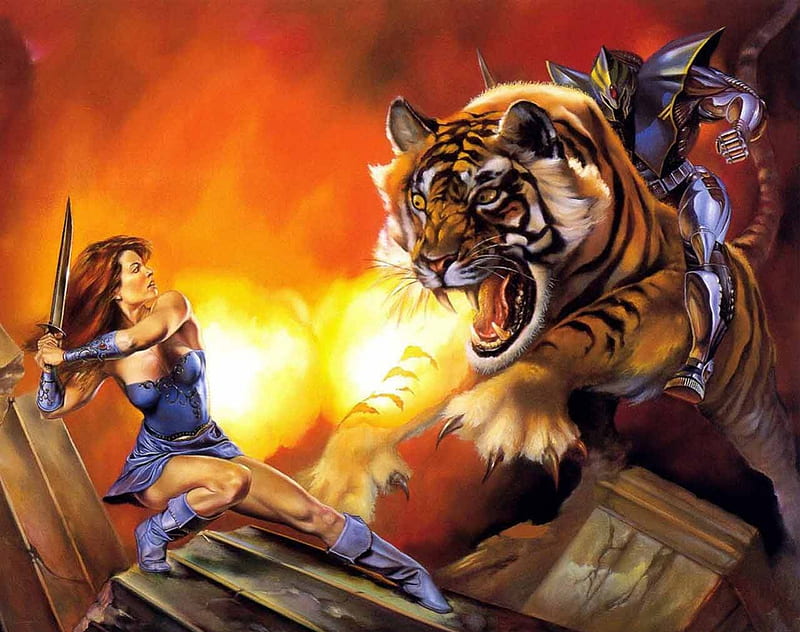 WARRIOR GIRL & THE BATTLE CAT, victory, defeat, tigers, fights, fire, battles, girls, knights, cats, HD wallpaper
