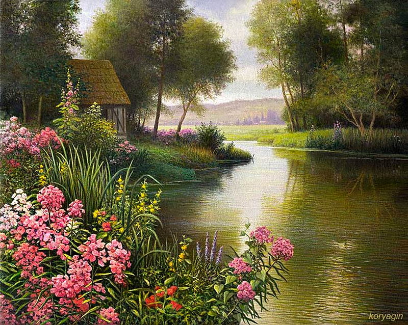 Fleur au bord de la riviere, by Louis Aston KInight, forest, art, tree, painting, flower, louis aston knight, river, HD wallpaper