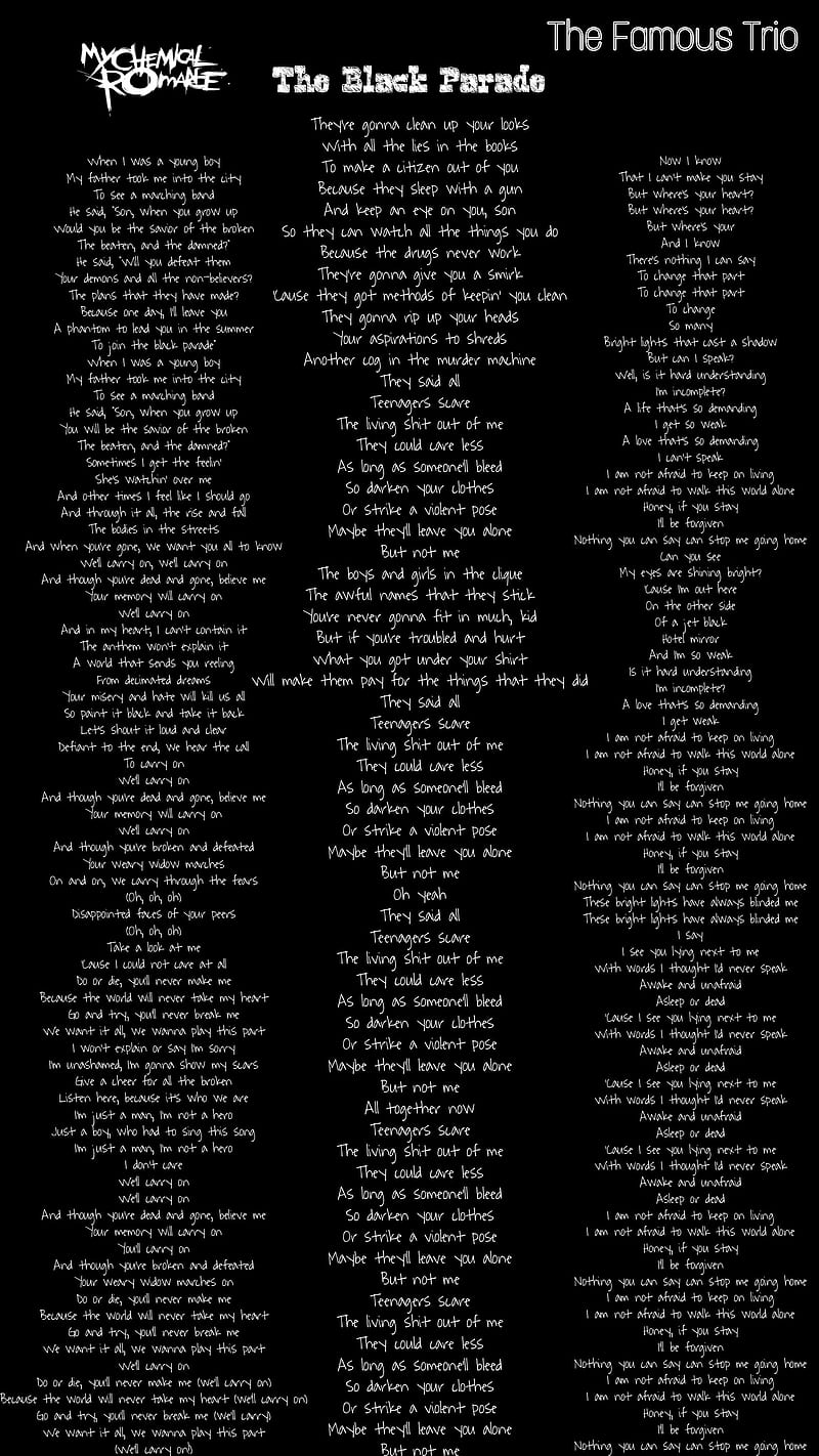 The Black Parade, best songs, emo, famous last words, gerard way, lyrics, mcr, music, my chemical romance, teenagers, HD phone wallpaper