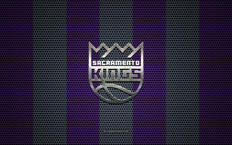 Sacramento Kings logo, American basketball club, metal emblem, violet-gray metal mesh background, Sacramento Kings, NBA, Sacramento, California, USA, basketball, HD wallpaper