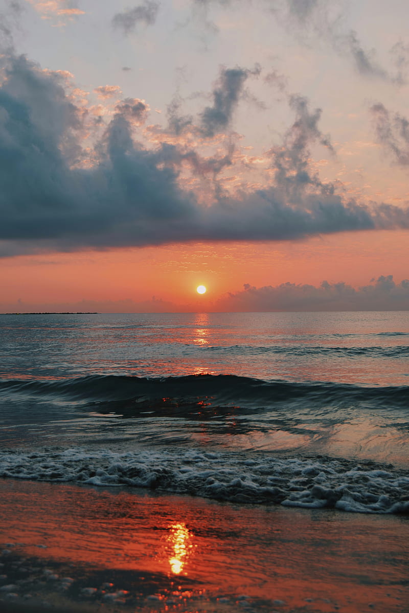 sunset, sun, glare, water, horizon, waves, HD phone wallpaper